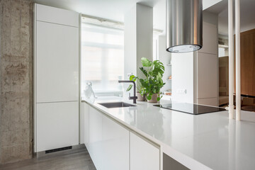 White kitchen island cabinets with tubular stainless steel extractor with window