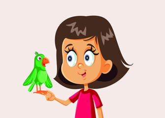 Little Girl Playing with Pet Parrot Vector Illustration