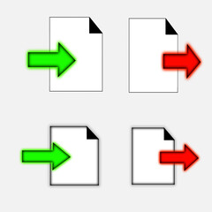 Export and import file icons. Upload, download sign.Save or open file. Share document symbol. Interface button. Element for design website etc.