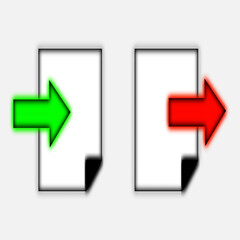 Export and import file icons. Upload, download sign.Save or open file. Share document symbol. Interface button. Element for design website etc.