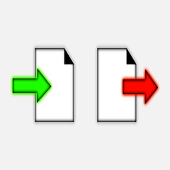Export and import file icons. Upload, download sign.Save or open file. Share document symbol. Interface button. Element for design website etc.