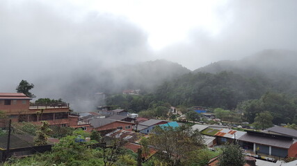 Mist was flowing to cover a village.