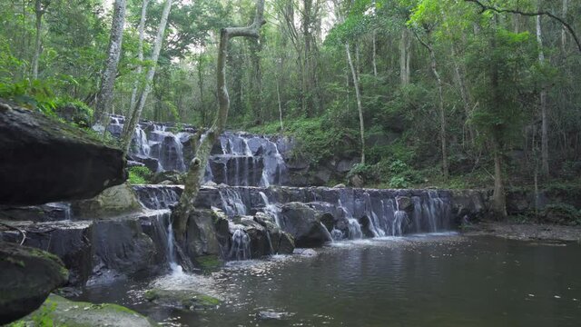 Namtok Samlan Waterfall. Nature landscape of Saraburi in natural park, Thailand in travel trip on holiday and vacation, tourist attraction.