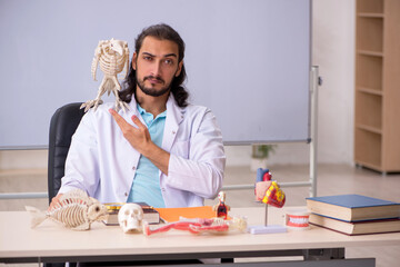 Young male zoologist examining bird skeleton