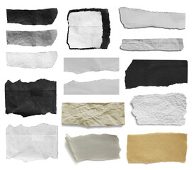 collection of torn paper isolated on white background, copy space.