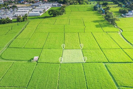 Land plot in aerial view. Gps registration survey of property, real estate for map with location, area. Concept for residential construction, development. Also house for sale, buy, investment.