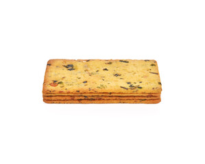 Crispy breads with flax seeds, crackers, isolated on white background.