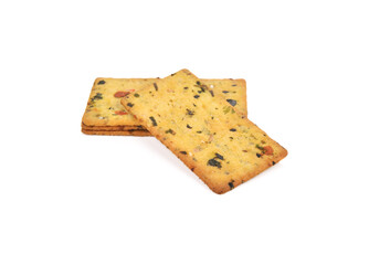 Crispy breads with flax seeds, crackers, isolated on white background.