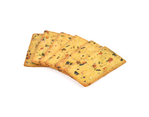 Crispy breads with flax seeds, crackers, isolated on white background.