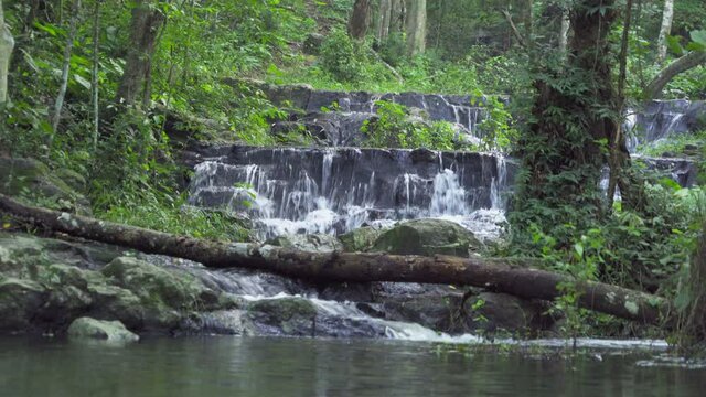 Namtok Samlan Waterfall. Nature landscape of Saraburi in natural park, Thailand in travel trip on holiday and vacation, tourist attraction.