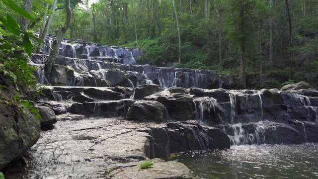 Namtok Samlan Waterfall. Nature landscape of Saraburi in natural park, Thailand in travel trip on holiday and vacation, tourist attraction.