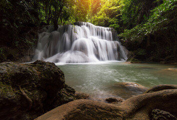 Waterfalls in the beautiful nature. Magic Water falls famous in Kanchanaburi, Thailand. Huai Mae Khamin Waterfall - 7-tier water falls in a national park.
