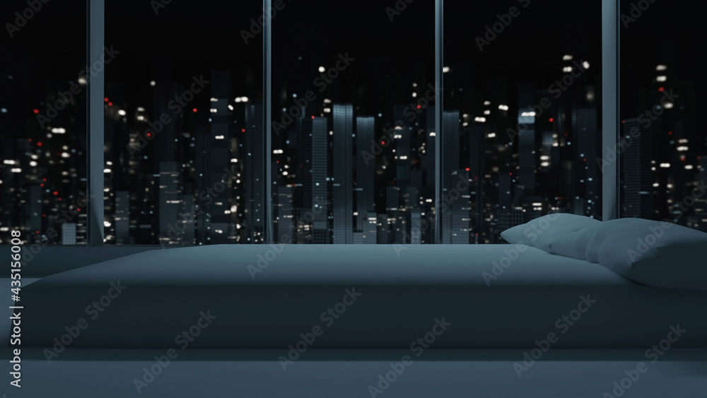 Poster 3d rendering of view through bedroom's windows at night. blur large buildings and towers with many g