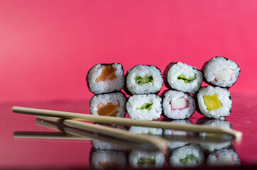 sushi with rashi on the side and red background