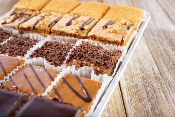 A closeup view of a tray of assorted Armenian cakes.