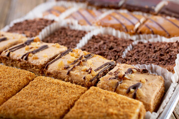 A closeup view of a tray of assorted Armenian cakes.