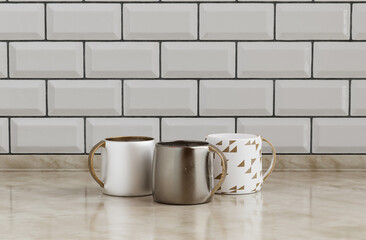 Three different coffee mugs side by side on kitchen countertop with wall, close up front view, 3d rendering, no people