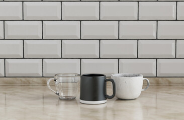 Two coffee mugs and one transparent espresso cup side by side on kitchen countertop with wall, close up front view, 3d rendering, no people