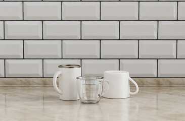 Two coffee mugs and one transparent espresso cup side by side on kitchen countertop with wall, close up front view, 3d rendering, no people