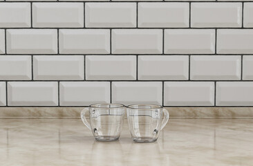 Two transparent espresso glasses side by side on black amd white color front view kitchen counter top with faience mosaic tessellated wall, 3d Rendering, close-up view
