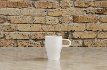 Single coffee mug on a front view kitchen counter top with brown brick wall, 3d Rendering, close-up view