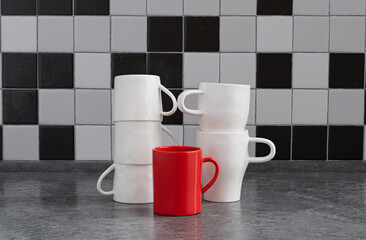 Coffee mugs stacked on top of each other on kitchen counter, front view and close-up, 3d Rendering, no people