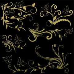 Calligraphic decorative elements with lines and butterfly design set