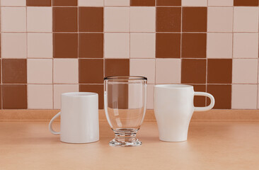 Obraz na płótnie Canvas 2 coffee mugs and single water glass side by side on kitchen countertop with wall, close up front view, 3d rendering, no people