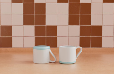 Obraz na płótnie Canvas Two coffee cups side by side on brown color front view kitchen counter top with faience brown faience tiled wall, 3d Rendering, close-up view