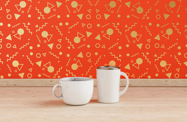 Two white porcelain coffee cups side by side on Wooden kitchen counter top , decorative orange wall, 3d Rendering, close-up view