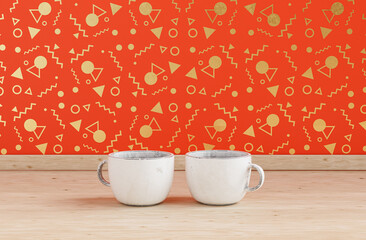 Two white porcelain coffee cups side by side on Wooden kitchen counter top , decorative orange wall, 3d Rendering, close-up view