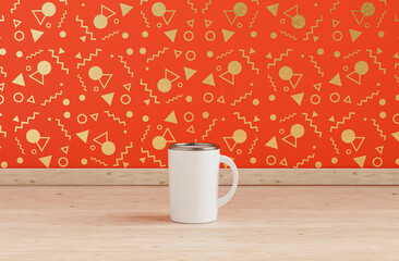 Single white coffee mug on Wooden kitchen counter top , decorative orange wall, 3d Rendering, close-up view