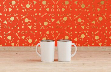 Two white porcelain coffee cups side by side on Wooden kitchen counter top , decorative orange wall, 3d Rendering, close-up view