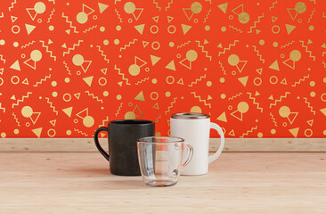 Three different coffee mugs side by side on wooden kitchen countertop front of orange decorative wall, front view, 3d rendering, no people