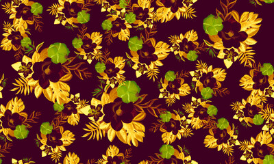 Violet Seamless Painting. Beige Pattern Botanical. Black Tropical Plant. Golden Floral Texture. Yellow Flora Vintage. Vintage Spring Exotic. Watercolor Art.