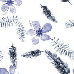 Gray Seamless Nature. Blue Pattern Background. Navy Tropical Design. Indigo Flower Foliage. Cobalt Drawing Background. White Watercolor Design. Spring Palm.