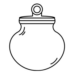 Empty glass jar with a lid. Isolated icon on white background. Black outline of the bottle, hand-drawn doodle. Round flask sketch