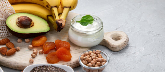 Assortment of products containing magnesium. Healthy diet food.