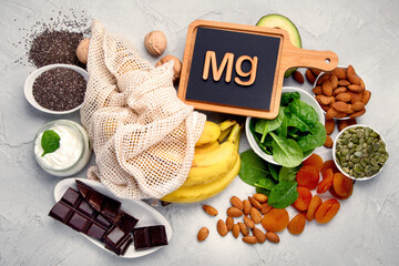 Assortment of products containing magnesium. Healthy diet food. - obrazy, fototapety, plakaty