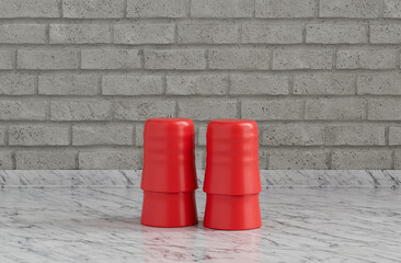 Red Coffee mugs stacked on top of each other on kitchen countertop with brick wall, front view and close-up, 3d Rendering, no people