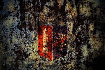 Albania, Tirana flag on grunge metal background texture with scratches and cracks