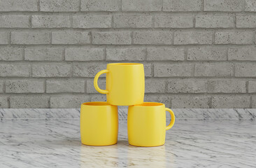 Yellow coffee mugs stacked on top of each other on kitchen countertop with brick wall, front view and close-up, 3d Rendering, no people