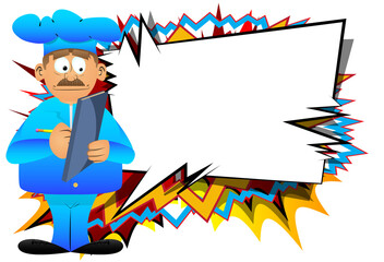 Fat male cartoon chef in uniform writing on a books cover. Vector illustration. Cook with a notebook taking notes.