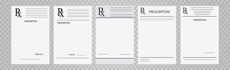 Prescription pad, rx medical form. Realistic set paper document template of doctor's prescription. An example of a recipe for design. Medical marks report, healthcare concept. Vector illustration.