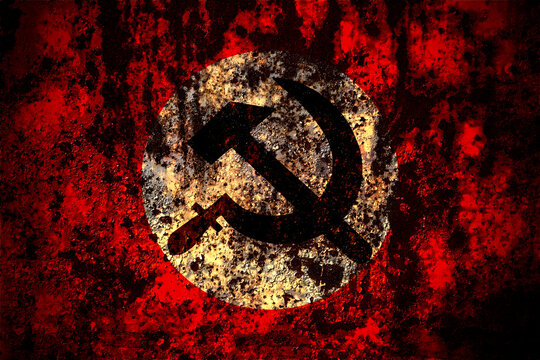 National Bolshevik Party Flag On Grunge Metal Background Texture With Scratches And Cracks