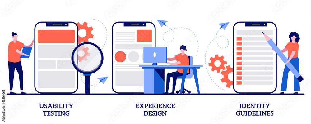 Poster usability testing, experience design, identity guidelines concept with tiny people. app prototyping 