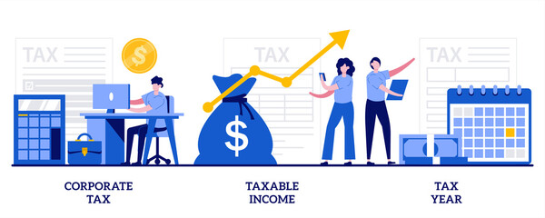 Corporate tax, taxable income, tax year concept with tiny people. Tax payment abstract vector illustration set. Company auditing, bookkeeping and accounting, finance analytics metaphor - obrazy, fototapety, plakaty