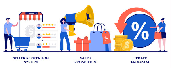 Seller reputation system, sales promotion, rebate program concept with tiny people. E commerce abstract vector illustration set. Online store discounts, internet shopping metaphor