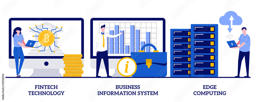 Poster fintech technology, business information system, edge computing concept with tiny people. it infrast