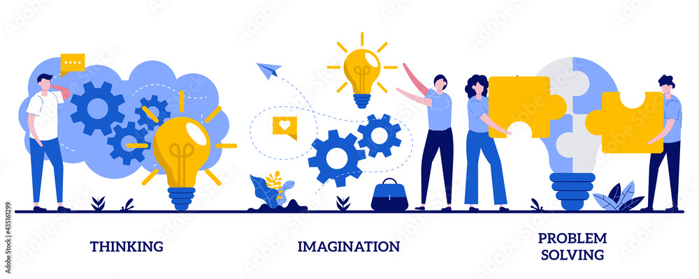 Poster thinking, imagination, problem solving concept with tiny people. brain activity abstract vector illu